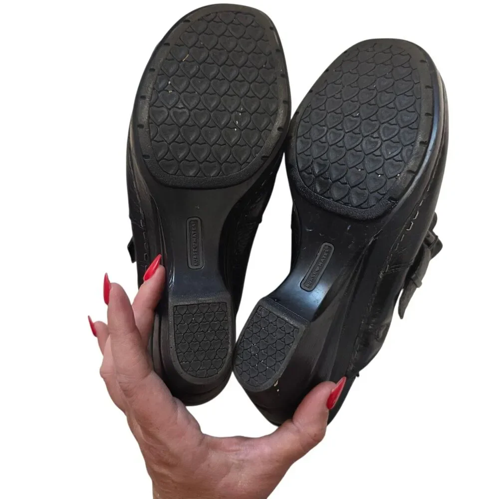 Nurse Mates Black Leather Clogs Mule Buckle Strap Comfort Shoes Womens Size 8